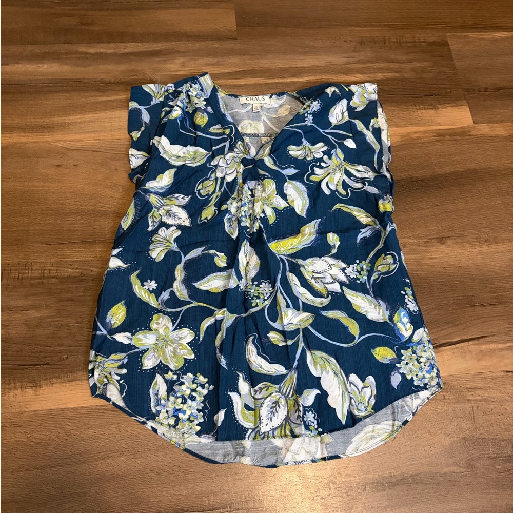 Womens Chaus Navy Floral V-Neck Blouse with Green and White Print Size Small